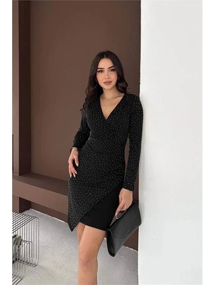 Dip Moda Kadın siyah taş detaylı uzun kol drapeli V yaka mini boy elbise DPK071
