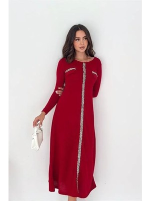 Dip Moda Kırmızı taş şerit detaylı uzun kol midi boy günlük kadın elbise DPK4343