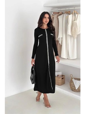 Dip Moda Siyah taş şerit detaylı uzun kol midi boy günlük kadın elbise DPK4343