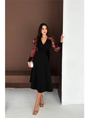 Dip Moda Kadın siyah çiçek işlemeli tül kol detaylı midi boy elbise DPK4409