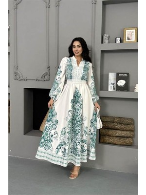 Dip Moda Kadın yeşil atlas kumaş desenli güpür detaylı elbise DPMS25109