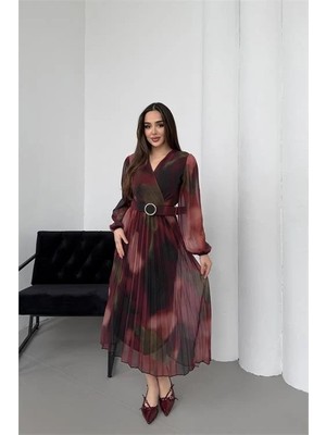 Dip Moda Kadın Bordo Piliseli Kruvaze Yaka Kemerli Şifon Elbise DPELB03