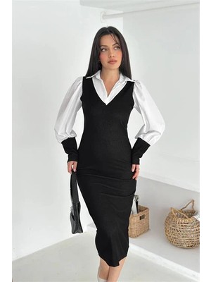 Dip Moda Kadın gömlek görünümlü midi elbise DPK4344