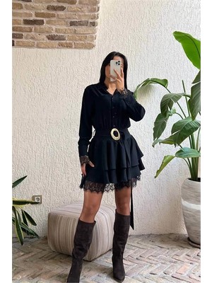 Dip Moda Kadın Siyah Gömlek Yaka Dantel Detaylı Kat Kat Mini Elbise DPMY3858