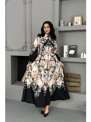 Dip Moda kadın ithal kumaş tam düğmeli kemerli siyah çiçek desenli tasarım elbise DPMS25115