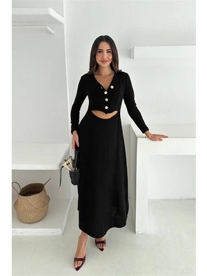Dip Moda Kadın düğme detaylı siyah v yaka bel dekolteli midi boy elbise DPK4368