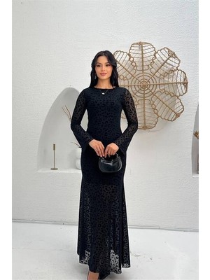 Dip Moda Kadın siyah astarlı tam boy flok baskılı uzun kollu tül elbise
