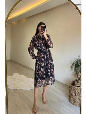 Dip Moda Kadın çiçek desenli gömlek yaka kemerli elbise DPNM011