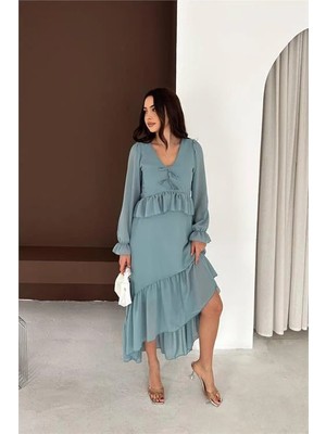 Dip Moda Kadın mint yeşili fiyonk detaylı v yaka volanlı midi boy şifon elbise