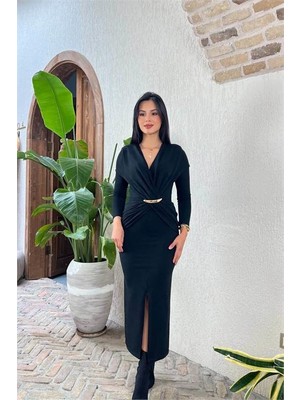 Dip Moda Kadın siyah gold aksesuarlı yırtmaçlı midi boy krep elbise DPMY3862