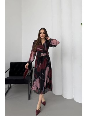 Dip Moda Kadın bordo astarlı şifon piliseli kemerli midi elbise DPELB04