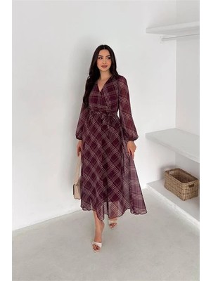 Dip Moda Kadın kruvaze yaka ekose desenli beli kuşaklı midi boy şifon elbise