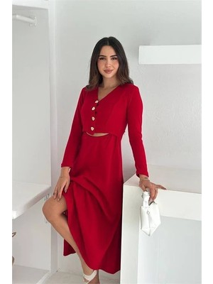 Dip Moda Kadın Düğme Detaylı Kırmızı V Yaka Bel Dekolteli Midi Boy Elbise DPK4368
