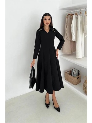 Dip Moda Kadın yaka detaylı  midi boy örme elbise DPK4360