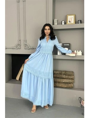 Dip Moda Kadın dantelli bebe mavisi atlas kumaş elbise DPMS2517
