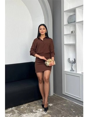 Dip Moda Kadın kahverengi gömlek yaka düğme detaylı mini elbise DPMY3869