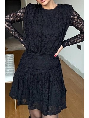 Dip Moda Kadın siyah dantel kumaş korsajlı omuz vatkalı mini boy premium elbise DPDKS199