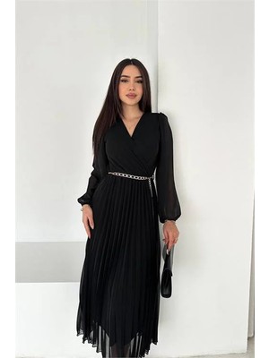 Dip Moda Dipmoda Kadın Siyah Kruvaze Yaka Piliseli Midi Boy Şifon Elbise