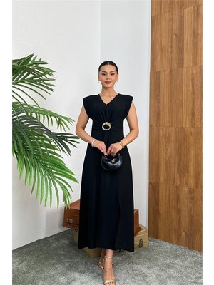 Dip Moda Kadın siyah bel toka detaylı yırtmaçlı tam boy elbise DPMY3865