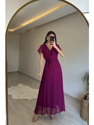 Dip Moda Kadın v yaka kol detaylı şifon uzun elbise NM008