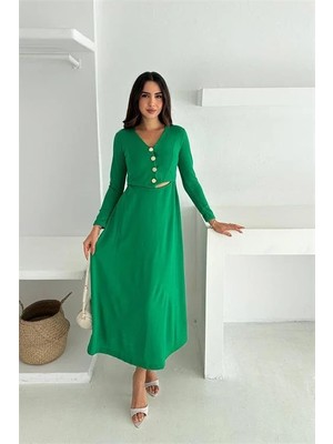 Dip Moda Kadın düğme detaylı yeşil v yaka bel dekolteli midi boy elbise DPK4368