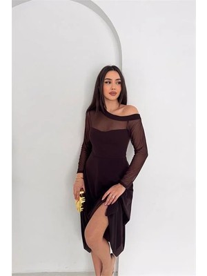 Dip Moda Kadın kahverengi transparan detaylı tek omuz uzun kollu midi boy elbise