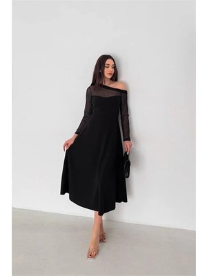 Dip Moda Kadın siyah transparan detaylı tek omuz uzun kollu midi boy elbise