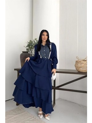 Dip Moda Kadın gömlek yaka dantel detaylı kat kat lacivert elbise