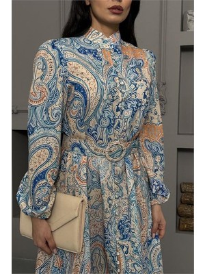Dip Moda Kadın etnik desenli dik yaka ithal kumaş tasarım elbise