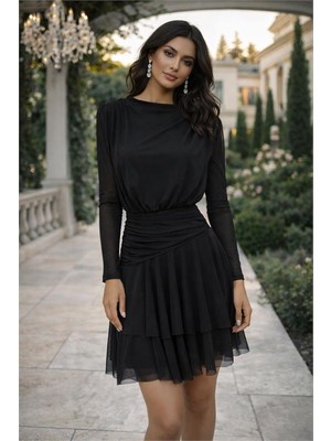 Dip Moda Kadın Siyah Şifon Kumaş Korsajlı Mini Boy Uzun Kol Omuz Vatkalı Elbise DPK073