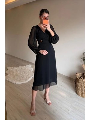 Dip Moda Kadın toka detaylı drapeli şifon midi elbise NM025