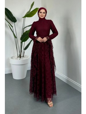 Tesettür Diyarı Zelal Kuşaklı Dantel Tesettür Abiye- Bordo