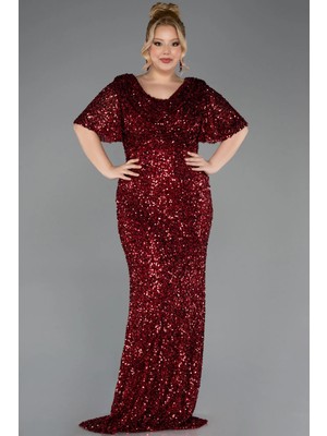 Abiyefon Kısa Kol Degaje Yaka Uzun Pullu Büyük Beden Abiye ABU4926