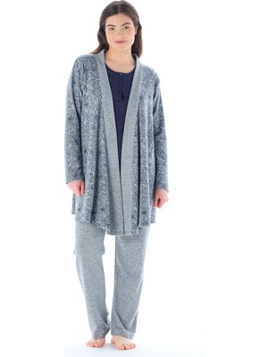 Kadın Yakası Düğmeli Çicek Desenli Jakarlı 3'lü Pijama Takımı