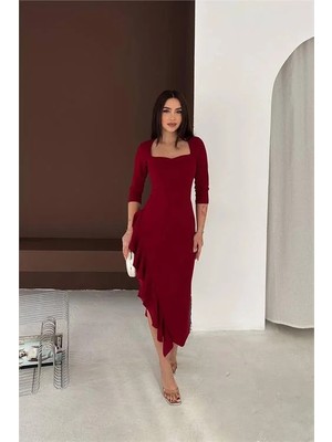 Dip Moda Kadın Bordo Eteği Volanlı Asimetrik Kesim Kare Yaka Elbise