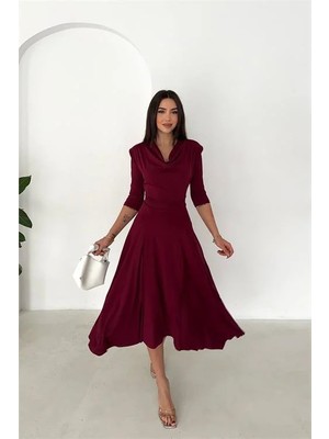 Dip Moda Kadın bordo degaje yaka omuz vatkalı midi boy A kesim elbise