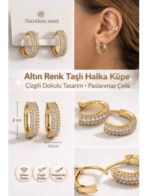 Stainless Steel Gold Zirkon Taşlı Burgu Halka Küpe Paslanmaz Çelik