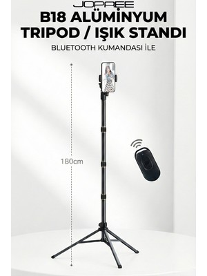 Jopree B18 Alüminyum Tripod / Işık Standı 180 cm Maksimum Uzunluk-Telefon Tutucu+Çanta+Kumanda