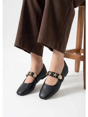 Nstil Günlük Kadın Babet Bantlı Gold Tokalı, Sessiz, Hafif, Yumuşak Taban ve Rahat Ayakkabı 479