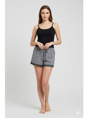 İlk El Grup Ieg™ Çizgili Penye Kadın Ev Şortu Bacak Dantel Detaylı Ev Giyim Siyah