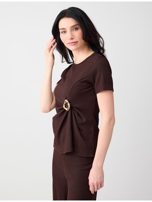 Jimmy Key Acı Kahve Bisiklet Yaka Kısa Kollu Büzgü Detaylı Örme Bluz