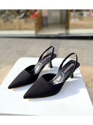 Gloriys Kadın Suni Deri Siyah Saten 5 cm Topuklu Ayakkabı Neolit Tabanlı Şık Gece Kullanımı