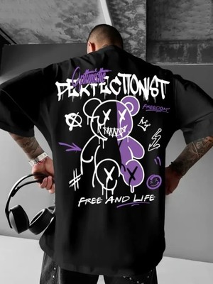 Uslucan Alışveriş Baskılı Oversize Bisiklet Yaka T-Shirt - Siyah