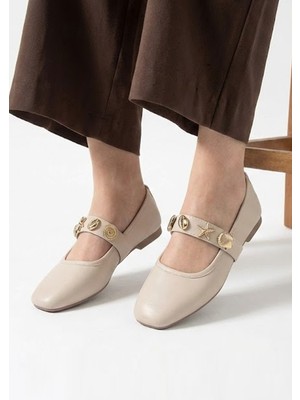 Nstil Günlük Kadın Babet Bantlı Gold Tokalı, Sessiz, Hafif, Yumuşak Taban ve Rahat Ayakkabı 479