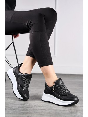 İmershoes Günlük Kadın Spor Ayakkabı Sim Detaylı Bağcıklı Fermuarlı Hafif Kalın Taban Sneaker 0846