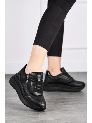 İmershoes Günlük Kadın Spor Ayakkabı Sim Detaylı Bağcıklı Fermuarlı Hafif Kalın Taban Sneaker 0846