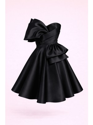 Mailey Straplez Büyük Fiyonk Detaylı Saten Mini Abiye Elbise Siyah