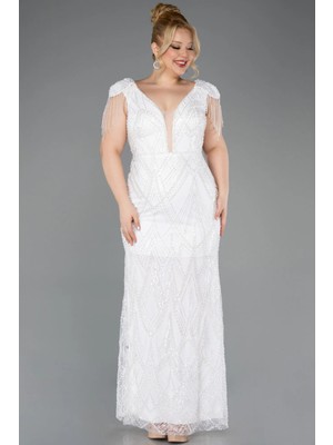 Abiyefon Boncuklu Kısa Kol V Yaka Uzun Büyük Beden Abiye ABU5336