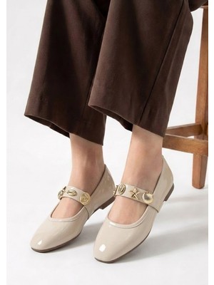 Nstil Günlük Kadın Babet Bantlı Gold Tokalı, Sessiz, Hafif, Yumuşak Taban ve Rahat Ayakkabı 479