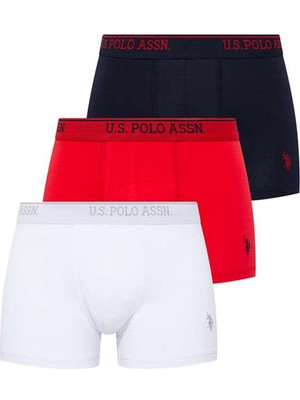 U.S. Polo Assn. Erkek 3'lü Boxer Kırmızı-Lacivert-Beyaz Desenli Rahat Paça Tipi